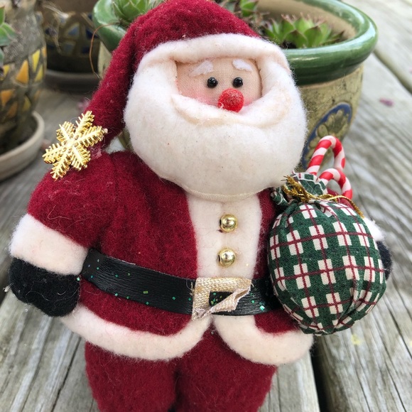 3 vintage SANTA CLAUS Christmas Ornaments / Plush 6" Carrying Candy Canes in Bag - Picture 3 of 4